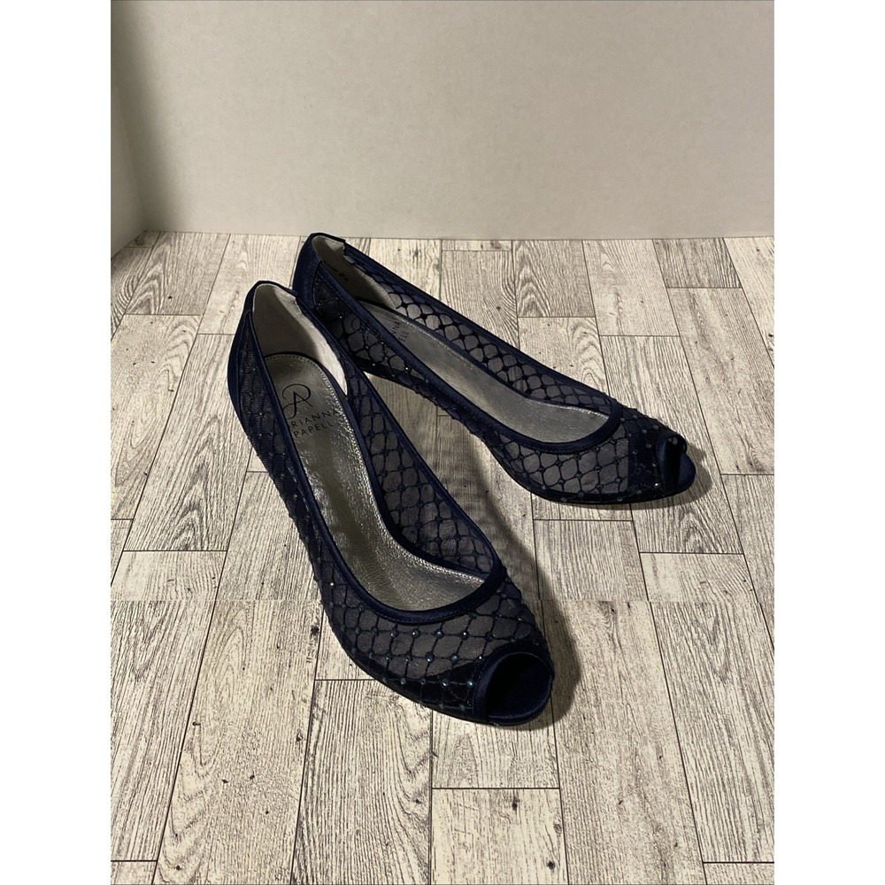 Adrianna Papell Womens Sz 8.5 Navy Blue Mesh Jeweled Peep Toe Heels Pumps Shoes